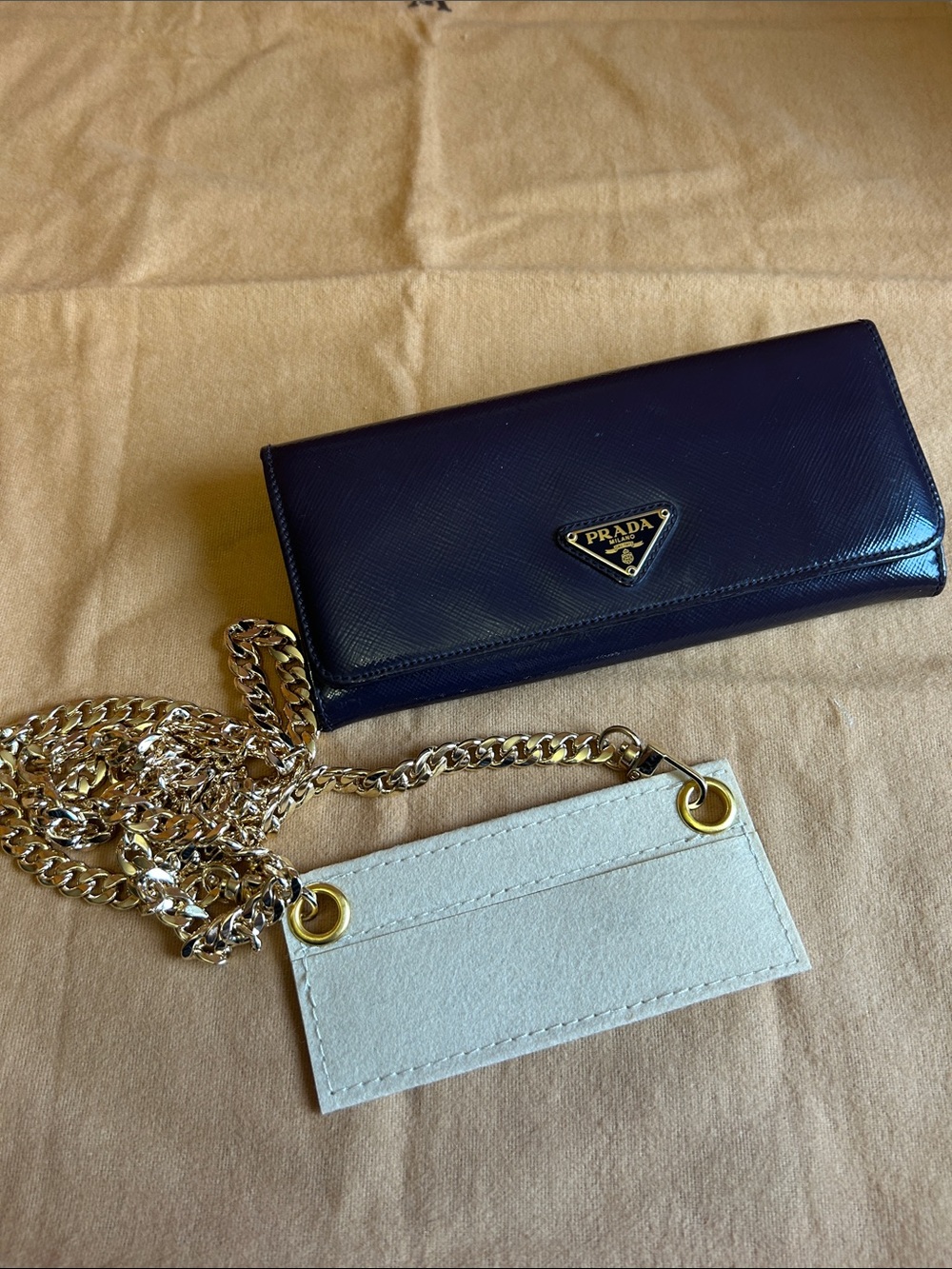 Prada Saffiano Chain Wallet - Deep Purple with Gold Hardware